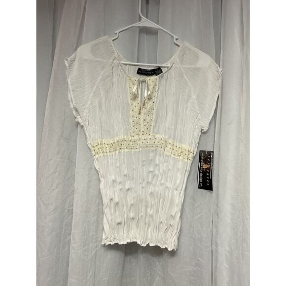 Vtg Separates Ny White Ruched Tie Beaded Blouse Boho Whimsical large Sheer Y2K - Picture 1 of 8